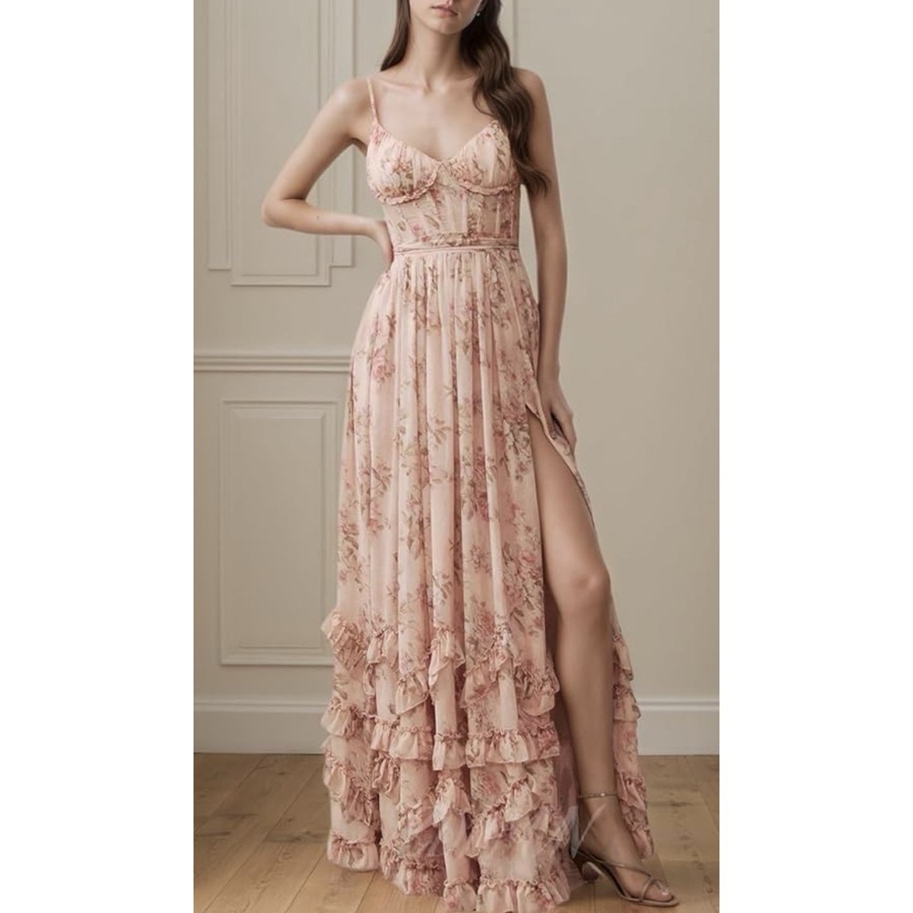 V‎ Chapman The Carmen Dress Peach Tapestry Floral Maxi Gown Corset Sz 16 Slit